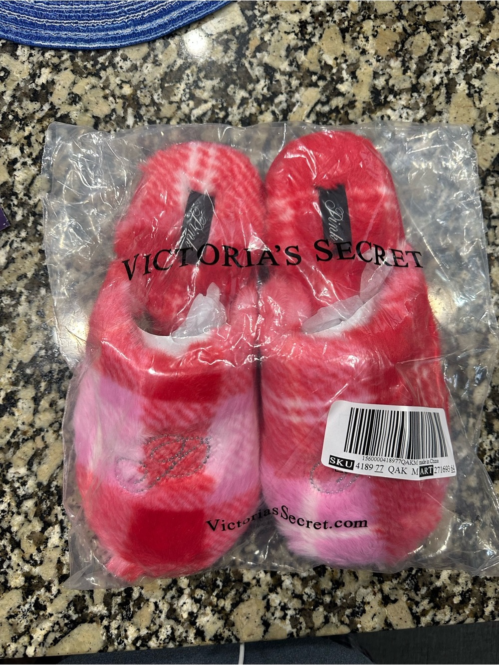 Victoria's Secret PINK Red and Pink Plush Slippers with Rhinestone Logo